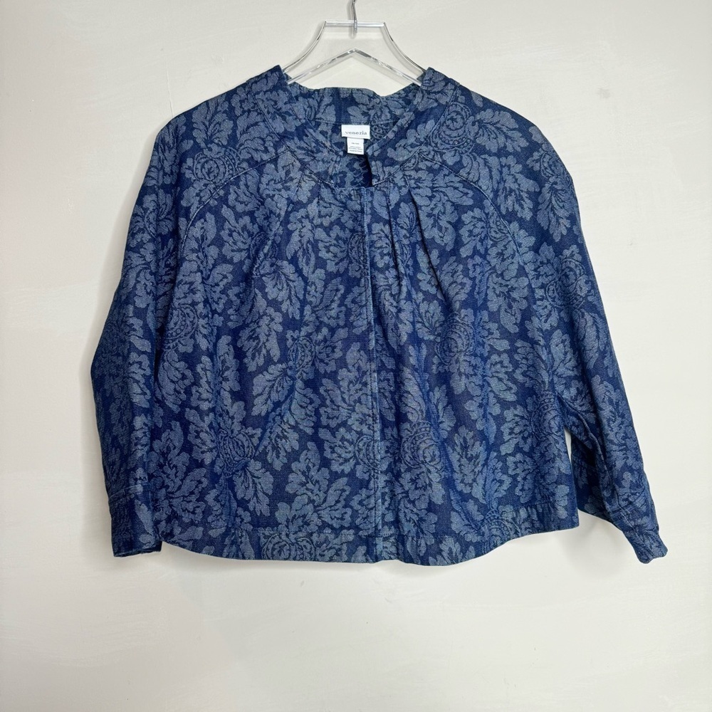 Venezia Lane Bryant Stretch Denim Jacket Blue Damask Metallic Floral